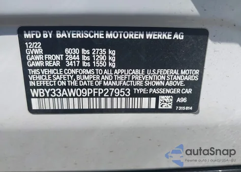 2023 BMW I4 M50 из США, поврежденный, VIN WBY33AW09PFP27953